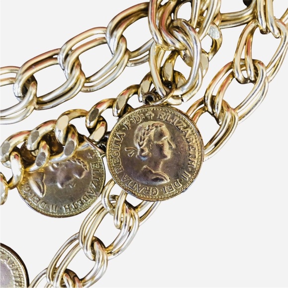 Vtg 1967 Queen Elizabeth Half Penny Coin Gold Tone Belt Golden Hind Galleon main image 8